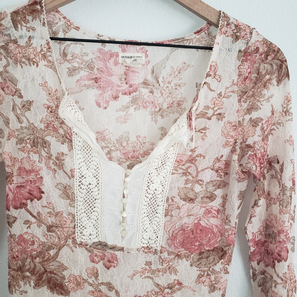 Y2K Denim and Supply Ralph Lauren Lace and Mesh Floral Long Sleeve Top Size M - Picture 3 of 8
